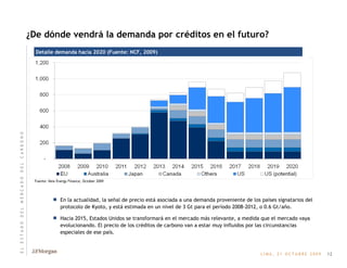 ¿De dónde vendrá la demanda por créditos en el futuro? Fuente: New Energy Finance, October 2009 Detalle demanda hacia 2020 (Fuente: NCF, 2009) En la actualidad, la señal de precio está asociada a una demanda proveniente de los países signatarios del protocolo de Kyoto, y está estimada en un nivel de 3 Gt para el período 2008-2012, o 0.6 Gt/año. Hacia 2015, Estados Unidos se transformará en el mercado más relevante, a medida que el mercado vaya evolucionando. El precio de los créditos de carbono van a estar muy influidos por las circunstancias especiales de ese país. 12 E   L       E   S   T   A   D   O       D   E   L       M   E   R   C   A   D   O       D   E   L       C   A   R   B   O   N   O 