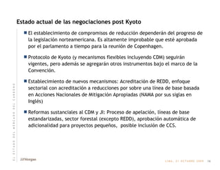 Estado actual de las negociaciones post Kyoto El establecimiento de compromisos de reducción dependerán del progreso de la legislación norteamericana. Es altamente improbable que esté aprobada por el parlamento a tiempo para la reunión de Copenhagen. Protocolo de Kyoto (y mecanismos flexibles incluyendo CDM) seguirán vigentes, pero además se agregarán otros instrumentos bajo el marco de la Convención. Establecimiento de nuevos mecanismos: Acreditación de REDD, enfoque sectorial con acreditación a reducciones por sobre una línea de base basada en Acciones Nacionales de Mitigación Apropiadas (NAMA por sus siglas en Inglés)  Reformas sustanciales al CDM y JI: Proceso de apelación, líneas de base estandarizadas, sector forestal (excepto REDD), aprobación automática de adicionalidad para proyectos pequeños,  posible inclusión de CCS. 16 E   L       E   S   T   A   D   O       D   E   L       M   E   R   C   A   D   O       D   E   L       C   A   R   B   O   N   O 