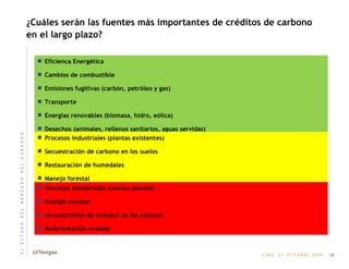 ¿Cuáles serán las fuentes más importantes de créditos de carbono en el largo plazo? Eficienca Energética Cambios de combustible Emisiones fugitivas (carbón, petróleo y gas) Transporte Energías renovables (biomasa, hidro, eólica) Desechos (animales, rellenos sanitarios, aguas servidas) Procesos industriales (plantas existentes) Secuestración de carbono en los suelos Restauración de humedales Manejo forestal Procesos industriales (nuevas plantas) Energía nuclear Secuestración de carbono en los océanos Deforfestación evitada 18 E   L       E   S   T   A   D   O       D   E   L       M   E   R   C   A   D   O       D   E   L       C   A   R   B   O   N   O 