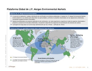 Plataforma Global de J.P. Morgan Environmental Markets Objetivos de J.P. Morgan Environmental Markets A través de la originación, trading y distribución de certificados con atributos ambientales, el equipo de J.P. Morgan Environmental Markets brinda asistencia a sus clientes para desarrollar las oportunidades y enfrentar los desafíos relacionados con las regulaciones ambientales, incluyendo los gases de efecto invernadero Equipo de profesionales con presencia dedicada en seis continentes, con vasta experiencia y expertise en todos los aspectos relacionados a proyectos y productos de mercados ambientales, incluyendo el desarrollo de programas de neutralización de emisiones de carbono Contraparte de largo plazo con activos bajo administración por $2.2 trilones , calificada AA- (Fitch) Risk & Trading Management Circle 2 Distribución primaria y garantizada de CERs a inversionistas y compradores regulados en Europa y Japón, VERs en Europa, Japón,  Norteamérica, Australia y otros nuevos mercados, y RGGIs, CFIs y RECs an Norteamérica. SALES Inversiones estratégicas a través de la cadena de valor del carbono para capitalizar oportunidades en Mercados Ambientales. Trabajamos de cerca com companías en los mercados emergentes para crear CERs, ERUs y VERs. Equipos en Londres, Washington DC, Nueva York, Nairobi, Ankara, Mumbai, Sydney y Santiago Originación Inversiones principales Ventas, Marketing y Estrategia Trading de EUAs/CERs bajo el EU ETS, y de RGGIs y CFIs en Norteamérica; transacciones estructuradas; swaps Plataforma Global con capacidades probadas desde originación hasta distribución Trading & risk management 2 E   L       E   S   T   A   D   O       D   E   L       M   E   R   C   A   D   O       D   E   L       C   A   R   B   O   N   O J.P. Morgan Environmental Markets trading, originación y actividades recientes J.P. Morgan Environmental Markets 