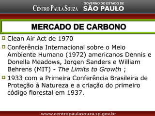  Clean Air Act de 1970
 Conferência Internacional sobre o Meio
  Ambiente Humano (1972) americanos Dennis e
  Donella Meadows, Jorgen Sanders e William
  Behrens (MIT) - The Limits to Growth ;
 1933 com a Primeira Conferência Brasileira de
  Proteção à Natureza e a criação do primeiro
  código florestal em 1937.
 
