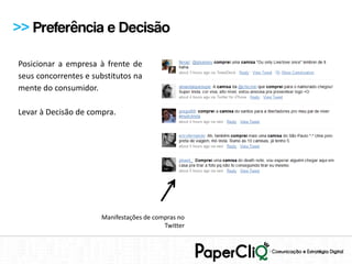 >> Preferência e Decisão

Posicionar a empresa à frente de
seus concorrentes e substitutos na
mente do consumidor.

Levar à Decisão de compra.




                      Manifestações de compras no
                                          Twitter
 
