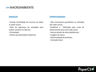 >> MACROAMBIENTE

 AMEAÇAS                                      OPORTUNIDADES

 › Grande similaridade de recursos em todas   › Alto crescimento quantitativo na utilização
 as redes sociais;                            das redes sociais;
 › Falta de segurança da sociedade para       ›Tendência a fidelização pelo custo de
 realizar compras na internet;                deslocamento para outra rede social;
 › Privacidade;                               › Acesso através de várias plataformas;
 › Direito da propriedade intelectual.        › Imagem de marca;
                                              › Recomendação de produtos;
                                              › Interação Social.
 