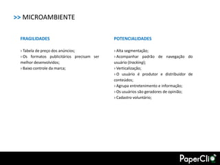 >> MICROAMBIENTE

 FRAGILIDADES                               POTENCIALIDADES

 › Tabela de preço dos anúncios;            › Alta segmentação;
 › Os formatos publicitários precisam ser   › Acompanhar padrão de navegação do
 melhor desenvolvidos;                      usuário (tracking);
 › Baixo controle da marca;                 › Verticalização;
                                            › O usuário é produtor e distribuidor de
                                            conteúdos;
                                            › Agrupa entretenimento e informação;
                                            › Os usuários são geradores de opinião;
                                            › Cadastro voluntário;
 
