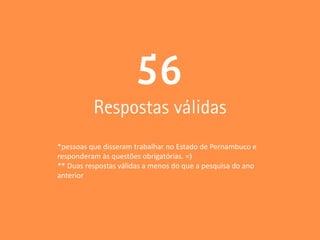 *pessoas que disseram trabalhar no Estado de Pernambuco e
responderam às questões obrigatórias. =)
** Duas respostas válidas a menos do que a pesquisa do ano
anterior
 