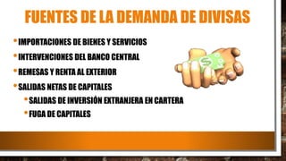FUENTES DE LA DEMANDA DE DIVISAS
•IMPORTACIONES DE BIENES Y SERVICIOS
•INTERVENCIONES DEL BANCO CENTRAL
•REMESAS Y RENTA AL EXTERIOR
•SALIDAS NETAS DE CAPITALES
•SALIDAS DE INVERSIÓN EXTRANJERA EN CARTERA
•FUGA DE CAPITALES
 