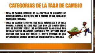 CATEGORIAS DE LA TASA DE CAMBIO
•TASA DE CAMBIO NOMINAL: ES LA CANTIDAD DE UNIDADES DE
MONEDA NACIONAL QUE DEBEN DAR A CAMBIO DE UNA UNIDAD DE
MONEDA EXTRANJERA.
•TASA DE CAMBIO EFECTIVA: QUE HACE REFERENCIA A LA TASA
NOMINAL CUANDO HA SIDO AJUSTADA CON LOS SOBRECOSTOS
QUE SE GENERAN SOBRE LAS OPERACIONES CAMBIARIAS POR
APLICAR TARIFAS, ARANCELES, SUBSIDIOS, ETC., SE TRATA ASÍ DE
OBTENER UNA TASA QUE REFLEJE EL COSTO EFECTIVO DE UNA
OPERACIÓN DE CAMBIO DE MONEDA NACIONAL POR EXTRANJERA.
 