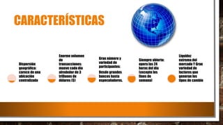 CARACTERÍSTICAS
Dispersión
geográfica:
carece de una
ubicación
centralizada
Enorme volumen
de
transacciones:
mueve cada día
alrededor de 3
trillones de
dólares ($)
Gran número y
variedad de
participantes:
Desde grandes
bancos hasta
especuladores.
Siempre abierto:
opera las 24
horas del día
(excepto los
fines de
semana)
Liquidez
extrema del
mercado Y Gran
variedad de
factores que
generan los
tipos de cambio
 