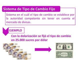 Sistema de Tipo de Cambio Fijo
 Sistema en el cuál el tipo de cambio se establece por
 la autoridad competente sin tener en cuenta el
 mercado de divisas.

   EJEMPLO
    Con la dolarización se fijó el tipo de cambio
    en 25.000 sucres por dólar
 