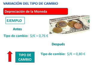 Depreciación de la Moneda

 EJEMPLO

     Antes
Tipo de cambio: $/€ = 0,76 €

                               Después

         TIPO DE       Tipo de cambio: $/€ = 0,80 €
         CAMBIO
 