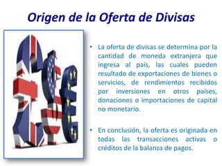 Origen de la Oferta de Divisas

           • La oferta de divisas se determina por la
             cantidad de moneda extranjera que
             ingresa al país, las cuales pueden
             resultado de exportaciones de bienes o
             servicios, de rendimientos recibidos
             por inversiones en otros países,
             donaciones o importaciones de capital
             no monetario.

           • En conclusión, la oferta es originada en
             todas las transacciones activas o
             créditos de la balanza de pagos.
 