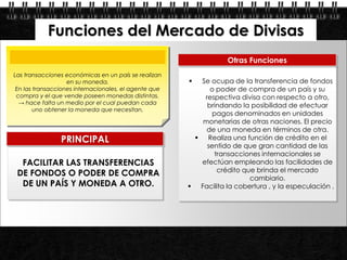Funciones del Mercado de Divisas
                                                                   Otras Funciones
Las transacciones económicas en un país se realizan
                   en su moneda.                        Se ocupa de la transferencia de fondos
 En las transacciones internacionales, el agente que        o poder de compra de un país y su
 compra y el que vende poseen monedas distintas,          respectiva divisa con respecto a otro,
  → hace falta un medio por el cual puedan cada
                                                           brindando la posibilidad de efectuar
        uno obtener la moneda que necesitan.
                                                             pagos denominados en unidades
                                                          monetarias de otras naciones. El precio
                                                           de una moneda en términos de otra.
                PRINCIPAL                                Realiza una función de crédito en el
                                                           sentido de que gran cantidad de las
                                                             transacciones internacionales se
   FACILITAR LAS TRANSFERENCIAS                          efectúan empleando las facilidades de
                                                              crédito que brinda el mercado
  DE FONDOS O PODER DE COMPRA
                                                                         cambiario.
   DE UN PAÍS Y MONEDA A OTRO.                          Facilita la cobertura , y la especulación .




Page  11
 