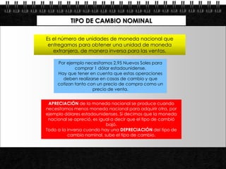 TIPO DE CAMBIO NOMINAL

            Es el número de unidades de moneda nacional que
             entregamos para obtener una unidad de moneda
               extranjera, de manera inversa para las ventas.

                 Por ejemplo necesitamos 2,95 Nuevos Soles para
                         comprar 1 dólar estadounidense.
                 Hay que tener en cuenta que estas operaciones
                   deben realizarse en casas de cambio y que
                 cotizan tanto con un precio de compra como un
                                 precio de venta.


             APRECIACIÓN de la moneda nacional se produce cuando
            necesitamos menos moneda nacional para adquirir otra, por
            ejemplo dólares estadounidenses. Si decimos que la moneda
             nacional se apreció, es igual a decir que el tipo de cambió
                                        bajó.
            Todo a la inversa cuando hay una DEPRECIACIÓN del tipo de
                      cambio nominal, sube el tipo de cambio.




Page  20
 