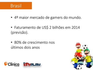 Brasil
• 4º maior mercado de gamers do mundo.
• Faturamento de US$ 2 bilhões em 2014
(previsão).
• 80% de crescimento nos
últimos dois anos
 
