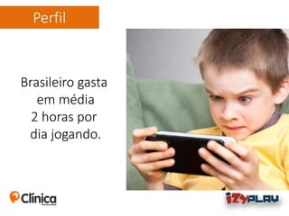 Perfil
Brasileiro gasta
em média
2 horas por
dia jogando.
 