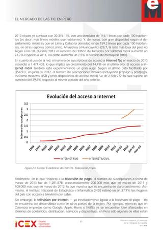 EL MERCADO DE LAS TIC EN PERÚ
11
Oficina Económica y Comercial
de la Embajada de España
en Lima
2013 el país ya contaba con 30.345.145, con una densidad de 116,1 líneas por cada 100 habitan-
tes (es decir, más líneas móviles que habitantes). Y, de nuevo, con gran disparidad según el de-
partamento: mientras que en Lima y Callao la densidad es de 159,2 líneas por cada 100 habitan-
tes, en otras regiones como Loreto, Amazonas o Huancavelica (28,7, la ratio más baja del país) no
llegan a las 50. Durante 2012 el aumento del tráfico de llamadas por telefonía móvil aumentó un
23,7% respecto a 2011, así como aumentó un 7,5% el servicio de mensajería (sms).
En cuanto al uso de la red, el número de suscriptores de acceso a Internet fijo en marzo de 2013
ascendió a 1.474.403, lo que implica un crecimiento del 14,4% en el último año. El acceso a In-
ternet móvil también está experimentando un gran auge. Según el último dato facilitado por
OSIPTEL en junio de 2012, el número de suscripciones móviles (incluyendo prepago y postpago,
así como módems USB y otros dispositivos de acceso móvil) fue de 2.568.972, lo cual supone un
aumento del 39,8% respecto al mismo período del año anterior.
Figura 2.5. Fuente: Estadísticas de OSIPTEL. Elaboración propia.
Finalmente, en lo que respecta a la televisión de pago, el número de suscripciones a fecha de
marzo de 2013 fue de 1.251.878, aproximadamente 200.000 más que en marzo de 2011 y
100.000 más que en marzo de 2012, lo que muestra que se encuentra en claro crecimiento. Asi-
mismo, el Instituto Nacional de Estadística e Informática (INEI) estimó en un 37,7% los hogares
del país con acceso a televisión por cable.
Sin embargo, la televisión por Internet ya inevitablemente ligada a la televisión de pago no
se encuentra tan desarrollada como en otros países de la región. Por ejemplo, mientras que en
Colombia empresas como Google, Apple, Rovio o Netflix ya se encuentran bien afianzadas en
términos de contenidos, distribución, servicios y dispositivos, en Perú sólo algunas de ellas están
 