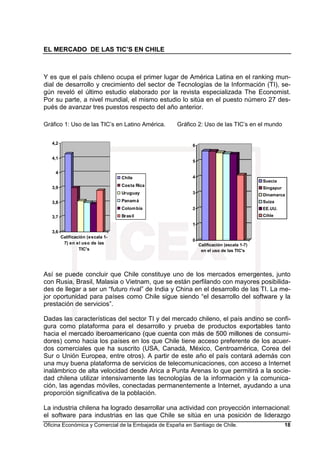 EL MERCADO DE LAS TIC’S EN CHILE
Oficina Económica y Comercial de la Embajada de España en Santiago de Chile. 18
Y es que el país chileno ocupa el primer lugar de América Latina en el ranking mun-
dial de desarrollo y crecimiento del sector de Tecnologías de la Información (TI), se-
gún reveló el último estudio elaborado por la revista especializada The Economist.
Por su parte, a nivel mundial, el mismo estudio lo sitúa en el puesto número 27 des-
pués de avanzar tres puestos respecto del año anterior.
Gráfico 1: Uso de las TIC’s en Latino América. Gráfico 2: Uso de las TIC’s en el mundo
Así se puede concluir que Chile constituye uno de los mercados emergentes, junto
con Rusia, Brasil, Malasia o Vietnam, que se están perfilando con mayores posibilida-
des de llegar a ser un “futuro rival” de India y China en el desarrollo de las TI. La me-
jor oportunidad para países como Chile sigue siendo “el desarrollo del software y la
prestación de servicios”.
Dadas las características del sector TI y del mercado chileno, el país andino se confi-
gura como plataforma para el desarrollo y prueba de productos exportables tanto
hacia el mercado iberoamericano (que cuenta con más de 500 millones de consumi-
dores) como hacia los países en los que Chile tiene acceso preferente de los acuer-
dos comerciales que ha suscrito (USA, Canadá, México, Centroamérica, Corea del
Sur o Unión Europea, entre otros). A partir de este año el país contará además con
una muy buena plataforma de servicios de telecomunicaciones, con acceso a Internet
inalámbrico de alta velocidad desde Arica a Punta Arenas lo que permitirá a la socie-
dad chilena utilizar intensivamente las tecnologías de la información y la comunica-
ción, las agendas móviles, conectadas permanentemente a Internet, ayudando a una
proporción significativa de la población.
La industria chilena ha logrado desarrollar una actividad con proyección internacional:
el software para industrias en las que Chile se sitúa en una posición de liderazgo
3,6
3,7
3,8
3,9
4
4,1
4,2
Calificación (escala 1-
7) en el uso de las
TIC's
Chile
Costa Rica
Uruguay
Panamá
Colombia
Brasil
0
1
2
3
4
5
6
Calificación (escala 1-7)
en el uso de las TIC's
Suecia
Singapur
Dinamarca
Suiza
EE.UU.
Cihle
 