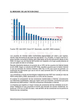 EL MERCADO DE LAS TIC’S EN CHILE
Oficina Económica y Comercial de la Embajada de España en Santiago de Chile. 51
Fuente: ITIF, Abril 2007; Cisco/ ICT. Barometer, July 2007, IBSG analysis.
Los usuarios de internen están fuertemente segmentados por edad y por ingreso,
siendo más frecuente el uso entre los que tienen 12 y 19 años. A mayor nivel de in-
greso también aumenta la brecha, pero este factor se ha ido reduciendo desde el año
2000. El mayor uso de Internet del hombre con respecto a la mujer puede deberse al
uso por parte de éste en el trabajo.
Resulta importante destacar el aumento de un 30% de los usuarios de Internet desde
el año 2000. Según un estudio de WIP Chile, aquellos usuarios que no tienen Internet
si que se conectan de manera indirecta. Sólo hay un 8% que nunca se conecta. La
proporción de internautas que usa la red en casa aumentó del 21% al 40% entre los
años 2003 y 2008.
Las conexiones a través de tecnologías inalámbricas tipo WIFI han crecido en más de
400% entre 2004 y 2008, alcanzando a un 25% de los usuarios.
Al analizar la composición de las conexiones residenciales a Internet, considerando
sus diferentes modalidades, tanto por región como por empresa, concluimos que para
diciembre de 2008 existían 1.450.003 conexiones individuales a Internet.
La empresa que registra un mayor número de conexiones del tipo señalado es la em-
presa Telefónica la que concentra el 45,6% del mercado de acceso residencial, se-
guida por VTR con un 46% Es decir, más del 86% de las conexiones se encuentra en
manos de dos compañías.
 
