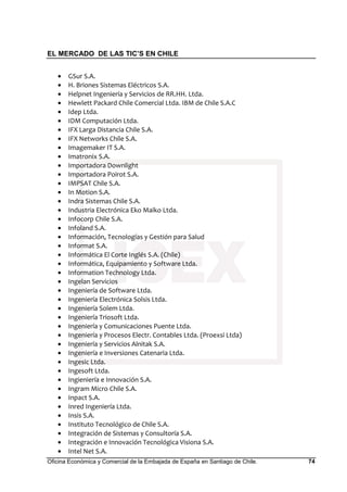 EL MERCADO DE LAS TIC’S EN CHILE
Oficina Económica y Comercial de la Embajada de España en Santiago de Chile. 74
• GSur S.A.
• H. Briones Sistemas Eléctricos S.A.
• Helpnet Ingeniería y Servicios de RR.HH. Ltda.
• Hewlett Packard Chile Comercial Ltda. IBM de Chile S.A.C
• Idep Ltda.
• IDM Computación Ltda.
• IFX Larga Distancia Chile S.A.
• IFX Networks Chile S.A.
• Imagemaker IT S.A.
• Imatronix S.A.
• Importadora Downlight
• Importadora Poirot S.A.
• IMPSAT Chile S.A.
• In Motion S.A.
• Indra Sistemas Chile S.A.
• Industria Electrónica Eko Maiko Ltda.
• Infocorp Chile S.A.
• Infoland S.A.
• Información, Tecnologías y Gestión para Salud
• Informat S.A.
• Informática El Corte Inglés S.A. (Chile)
• Informática, Equipamiento y Software Ltda.
• Information Technology Ltda.
• Ingelan Servicios
• Ingeniería de Software Ltda.
• Ingeniería Electrónica Solsis Ltda.
• Ingeniería Solem Ltda.
• Ingeniería Triosoft Ltda.
• Ingeniería y Comunicaciones Puente Ltda.
• Ingeniería y Procesos Electr. Contables Ltda. (Proexsi Ltda)
• Ingeniería y Servicios Alnitak S.A.
• Ingeniería e Inversiones Catenaria Ltda.
• Ingesic Ltda.
• Ingesoft Ltda.
• Ingieniería e Innovación S.A.
• Ingram Micro Chile S.A.
• Inpact S.A.
• Inred Ingeniería Ltda.
• Insis S.A.
• Instituto Tecnológico de Chile S.A.
• Integración de Sistemas y Consultoría S.A.
• Integración e Innovación Tecnológica Visiona S.A.
• Intel Net S.A.
 