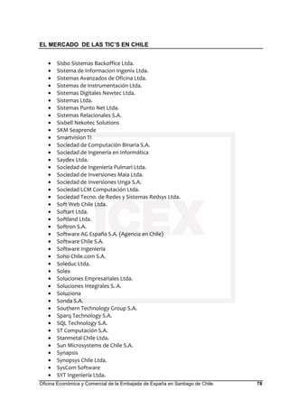 EL MERCADO DE LAS TIC’S EN CHILE
Oficina Económica y Comercial de la Embajada de España en Santiago de Chile. 78
• Sisbo Sistemas Backoffice Ltda.
• Sistema de Informacion Ingenix Ltda.
• Sistemas Avanzados de Oficina Ltda.
• Sistemas de Instrumentación Ltda.
• Sistemas Digitales Newtec Ltda.
• Sistemas Ltda.
• Sistemas Punto Net Ltda.
• Sistemas Relacionales S.A.
• Sixbell Nekotec Solutions
• SKM Seaprende
• Smartvision TI
• Sociedad de Computación Binaria S.A.
• Sociedad de Ingenería en Informática
• Saydex Ltda.
• Sociedad de Ingeniería Pulmari Ltda.
• Sociedad de Inversiones Maia Ltda.
• Sociedad de Inversiones Unga S.A.
• Sociedad LCM Computación Ltda.
• Sociedad Tecno. de Redes y Sistemas Redsys Ltda.
• Soft Web Chile Ltda.
• Softart Ltda.
• Softland Ltda.
• Softron S.A.
• Software AG España S.A. (Agencia en Chile)
• Software Chile S.A.
• Software Ingeniería
• Soho Chile.com S.A.
• Soleduc Ltda.
• Solex
• Soluciones Empresariales Ltda.
• Soluciones Integrales S. A.
• Soluziona
• Sonda S.A.
• Southern Technology Group S.A.
• Sparq Technology S.A.
• SQL Technology S.A.
• ST Computación S.A.
• Stanmetal Chile Ltda.
• Sun Microsystems de Chile S.A.
• Synapsis
• Synopsys Chile Ltda.
• SysCom Software
• SYT Ingeniería Ltda.
 