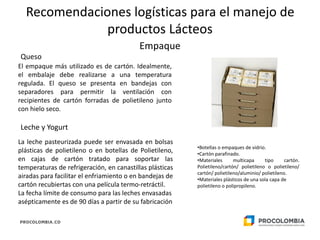 Recomendaciones logísticas para el manejo de
productos Lácteos
Empaque
Queso
El empaque más utilizado es de cartón. Idealm...