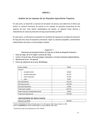 ANEXO I.
Análisis de los Ingresos de los Pequeños Agricultores Trigueros
En este punto, se desarrolla un ejercicio de simulación de precios, para determinar el efecto que
tendría un eventual incremento de precios en los ingresos de pequeños productores de tres
regiones del país. Para efectos metodológicos del estudio, se utilizaron fichas técnicas y
antecedentes de costos de producción de trigo proporcionados por INIA
6
.
En este marco, a continuación se presentan los resultados de ingresos por concepto de producción
de trigo para tres casos de pequeños productores, según su ubicación geográfica, características
edafoclimáticas del sector y nivel tecnológico utilizado.
Cuadro N° 1
Estructura de Costos/há Cultivo de Trigo de un Perfil de Pequeño Productor I
 Zona de riego, de la VII región, Comuna de Talca.
 Cultiva 10 há de trigo, Nivel tecnológico intermedio y mínimas limitantes edafoclimáticas.
 Rendimiento Prom.: 40 qqm/há.
7
 Precio de referencia de la zona: $9.600/qqm,
Costo variable ($/há)
Labores
• Jornada hombre
• Jornada maquinaria
• Trato maquinaria
• Otros
20.650
62.315
32.100
9.450
Sub total labores 124.515
Sub total Insumos 120.738
Sub total Imprevistos 12.260
Total Costo variable 257.513
Costo Financiero Capital Operacional 18.025
Total Costo Operacional 275.538
INDICADORES DE RESULTADOS
Ingreso bruto ($/há) 384.000
6
Costos y Rentabilidad de Cultivos Anuales para la VI y VIII regiones. INIA. Precios reales dic. 2000.
Costos y Rentabilidad de cultivos anuales séptima y octava regiones. INIA. 2000.
7
Rendimientos según Censo Agropecuario 1997. ODEPA.
35
 