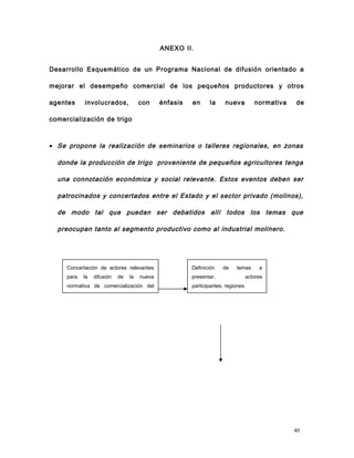 ANEXO II.
Desarrollo Esquemático de un Programa Nacional de difusión orientado a
mejorar el desempeño comercial de los pequeños productores y otros
agentes involucrados, con énfasis en la nueva normativa de
comercialización de trigo
• Se propone la realización de seminarios o talleres regionales, en zonas
donde la producción de trigo proveniente de pequeños agricultores tenga
una connotación económica y social relevante. Estos eventos deben ser
patrocinados y concertados entre el Estado y el sector privado (molinos),
de modo tal que puedan ser debatidos allí todos los temas que
preocupan tanto al segmento productivo como al industrial molinero.
Concertación de actores relevantes
para la difusión de la nueva
normativa de comercialización del
trigo según su calidad.
Definición de temas a
presentar, actores
participantes, regiones
40
 