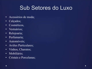 Sub Setores do Luxo
• Acessórios de moda;
• Calçados;
• Cosméticos,
• Vestuários;
• Relojoaria;
• Perfumaria;
• Automóveis;
• Aviões Particulares;
• Vinhos, Charutos;
• Mobiliário;
• Cristais e Porcelanas;
 