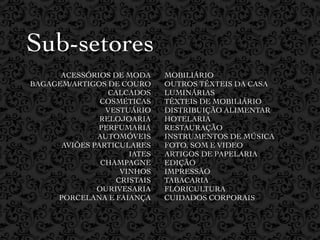 Sub-setores
      ACESSÓRIOS DE MODA     MOBILIÁRIO
BAGAGEM/ARTIGOS DE COURO     OUTROS TÊXTEIS DA CASA
                 CALCADOS    LUMINÁRIAS
               COSMÉTICAS    TÊXTEIS DE MOBILIÁRIO
                VESTUÁRIO    DISTRIBUIÇÃO ALIMENTAR
               RELOJOARIA    HOTELARIA
              PERFUMARIA     RESTAURAÇÃO
              AUTOMÓVEIS     INSTRUMENTOS DE MÚSICA
      AVIÕES PARTICULARES    FOTO, SOM E VIDEO
                     IATES   ARTIGOS DE PAPELARIA
               CHAMPAGNE     EDIÇÃO
                   VINHOS    IMPRESSÃO
                  CRISTAIS   TABACARIA
              OURIVESARIA    FLORICULTURA
     PORCELANA E FAIANÇA     CUIDADOS CORPORAIS
 