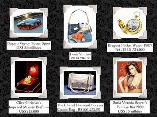 Bugatti Veyron Super Sport
                                                           Breguet Pocket Watch 1907/
     US$ 2,6 milhões
                                                               BA /12 U$ 734.000
                                    Louis Vuitton
                                    R$ 88.704,00




    Clive Christian’s                                        Sutiã Victoria Secret´s
                             The Chanel Diamond Forever
Imperial Majesty Perfume                                       Fantasy Bra 2000
                             Classic Bag - R$ 551.232,00
      US$ 215.000                                               US$ 15 milhões
 