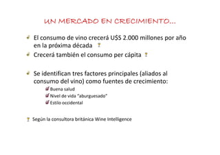 UN MERCADO EN CRECIMIENTO…
El consumo de vino crecerá U$S 2.000 millones por año 
en la próxima década
Crecerá también el consumo per cápita

Se identifican tres factores principales (aliados al 
consumo del vino) como fuentes de crecimiento:
        Buena salud
        Ni l d id “ b           d ”
        Nivel de vida “aburguesado”
        Estilo occidental


Según la consultora británica Wine Intelligence
 