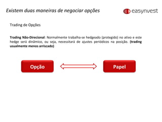 Trading de Opções Trading Não-Direcional : Normalmente trabalha-se hedgeado (protegido) no ativo e este hedge será dinâmico, ou seja, necessitará de ajustes periódicos na posição.  (trading usualmente menos arriscado) Existem duas maneiras de negociar opções Opção Papel 