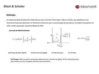 Definição: O modelo de Black & Scholes foi elaborado por dois cientistas Fisher Black e Myron Scholes, que adaptaram uma fórmula da física para descrever um fenômeno financeiro que é a precificação de derivativos. O modelo foi proposto em 1973, sendo o ganhador do prêmio Nobel de 1997. Formula de Black & Scholes (A) Preço do Ativo (Spot)   (E) Exercício da Opção (i) Taxa de juros (n) Tempo (n) Tempo:  Data na qual o comprador pode exercer o direito da opção. Se for americana até o vencimento e se for européia somente no vencimento. Black & Scholes 