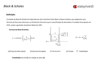 Definição: O modelo de Black & Scholes foi elaborado por dois cientistas Fisher Black e Myron Scholes, que adaptaram uma fórmula da física para descrever um fenômeno financeiro que é a precificação de derivativos. O modelo foi proposto em 1973, sendo o ganhador do prêmio Nobel de 1997. Formula de Black & Scholes (A) Preço do Ativo (Spot)   (E) Exercício da Opção (i) Taxa de juros (n) Tempo Volatilidade  da Call ( C ) em relação ao ativo ( A ) Black & Scholes Volatilidade 