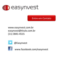 Disclaimer As informações contidas nesta apresentação têm o propósito meramente informativo. As informações aqui contidas foram obtidas de fontes consideradas confiáveis e atualizadas na data de sua publicação, entretanto a Título Corretora não é responsável por quaisquer perdas, diretas ou indiretas, decorrentes da utilização do conteúdo desta apresentação. Estas informações não representam oferta ou solicitação de compra ou venda de qualquer valor mobiliário ou instrumento financeiro, qualquer que seja a jurisdição. 