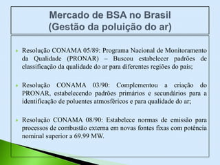  Resolução CONAMA 05/89: Programa Nacional de Monitoramento
da Qualidade (PRONAR) – Buscou estabelecer padrões de
classificação da qualidade do ar para diferentes regiões do país;
 Resolução CONAMA 03/90: Complementou a criação do
PRONAR, estabelecendo padrões primários e secundários para a
identificação de poluentes atmosféricos e para qualidade do ar;
 Resolução CONAMA 08/90: Estabelece normas de emissão para
processos de combustão externa em novas fontes fixas com potência
nominal superior a 69.99 MW.
 