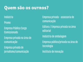 Quem são os outros?
Indústria
Promo

Empresa privada - assessoria de
comunicação

Empresa Pública Cargo
Comissionado

Editora / Empresa privada na área
editorial

Empresa privada na área de
comunicação

Indústria de embalagem

Empresa privada de
jornalismo/comunicação

Empresa público/privada na área de
tecnologia
Instituto de inovação

 