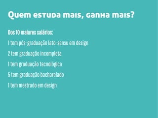 Quem estuda mais, ganha mais?
Dos 10 maiores salários:
1 tem pós-graduação lato-sensu em design
2 tem graduação incompleta
1 tem graduação tecnológica
5 tem graduação bacharelado
1 tem mestrado em design

 