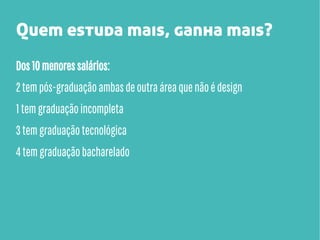 Quem estuda mais, ganha mais?
Dos 10 menores salários:
2 tem pós-graduação ambas de outra área que não é design
1 tem graduação incompleta
3 tem graduação tecnológica
4 tem graduação bacharelado

 