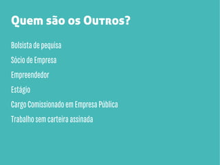 Quem são os Outros?
Bolsista de pequisa
Sócio de Empresa
Empreendedor
Estágio
Cargo Comissionado em Empresa Pública
Trabalho sem carteira assinada

 
