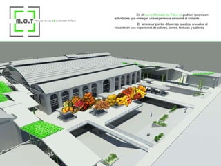 En el  nuevo Mercado de Talca se  podrían reconocen actividades que entregan una experiencia sensorial al visitante .   El  atravesar por los diferentes puestos, envuelve al visitante en una experiencia de colores, olores, texturas y sabores. 