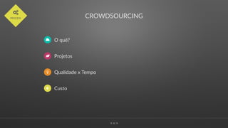 ∠∠ 12
CROWDSOURCING
.
PROCESS
) O quê?
* Projetos
+ Qualidade x Tempo
⋆ Custo
 