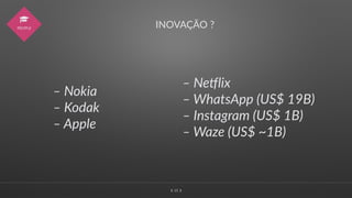 ∠∠ 15
INOVAÇÃO ?
/
PEOPLE
– Nokia
– Kodak
– Apple
– Ne;lix
– WhatsApp (US$ 19B)
– Instagram (US$ 1B)
– Waze (US$ ~1B)
 