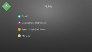 ∠∠ 7
Mobile
) O quê?
* Linguagens de programação
+ Apple | Google | Microso_
⋆ Mercado
-
TECHNOLOGY
 