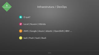 ∠∠ 8
Infraestrutura / DevOps
) O quê?
* Local | Nuvem | Híbrida
+ AWS | Google | Azure | Jelasec | OpenShi_ | IBM ….
⋆ IaaS | PaaS | SaaS | BaaS
-
TECHNOLOGY
 