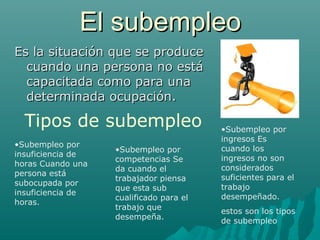 El subempleoEl subempleo
Es la situación que se produceEs la situación que se produce
cuando una persona no estácuando una persona no está
capacitada como para unacapacitada como para una
determinada ocupación.determinada ocupación.
Tipos de subempleo
•Subempleo por
insuficiencia de
horas Cuando una
persona está
subocupada por
insuficiencia de
horas.
•Subempleo por
competencias Se
da cuando el
trabajador piensa
que esta sub
cualificado para el
trabajo que
desempeña.
•Subempleo por
ingresos Es
cuando los
ingresos no son
considerados
suficientes para el
trabajo
desempeñado.
estos son los tipos
de subempleo
 
