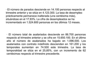 · El número de parados desciende en 14.100 personas respecto al trimestre anterior y se sitúa en 4.123.300. La tasa de desempleo prácticamente permanece inalterada (una centésima más), situándose en el 17,93%. La cifra de desempleados se ha incrementado en 1.524.600 personas en los últimos 12 meses. · El número total de asalariados desciende en 86.700 personas respecto al trimestre anterior y se cifra en 15.650.100. En el último año el número de asalariados ha bajado en 1.096.000. Los asalariados con contrato indefinido descienden en 161.200 y los temporales aumentan en 74.500 este trimestre. La tasa de temporalidad se sitúa en el 25,85%, con un incremento de 62 centésimas respecto al trimestre precedente. 