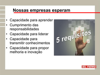 Capacidade para aprender Cumprimento das responsabilidades Capacidade para liderar Capacidade para transmitir conhecimentos Capacidade para propor melhoria e inovação Nossas empresas esperam 5 requisitos 