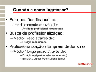Por questões financeiras: Imediatamente através de: Atividade profissional remunerada Busca de profissionalização: Médio Prazo através de: Estágio remunerado Profissionalização / Empreendedorismo Médio / longo prazo através de: Estágio obrigatório (não remunerado) Empresa Junior / Consultoria Junior Quando e como ingressar? 