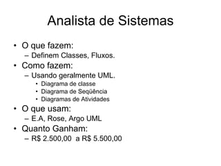 Analista de Sistemas O que fazem: Definem Classes, Fluxos. Como fazem: Usando geralmente UML. Diagrama de classe Diagrama de Seqüência Diagramas de Atividades O que usam: E.A, Rose, Argo UML Quanto Ganham:  R$ 2.500,00  a R$ 5.500,00 